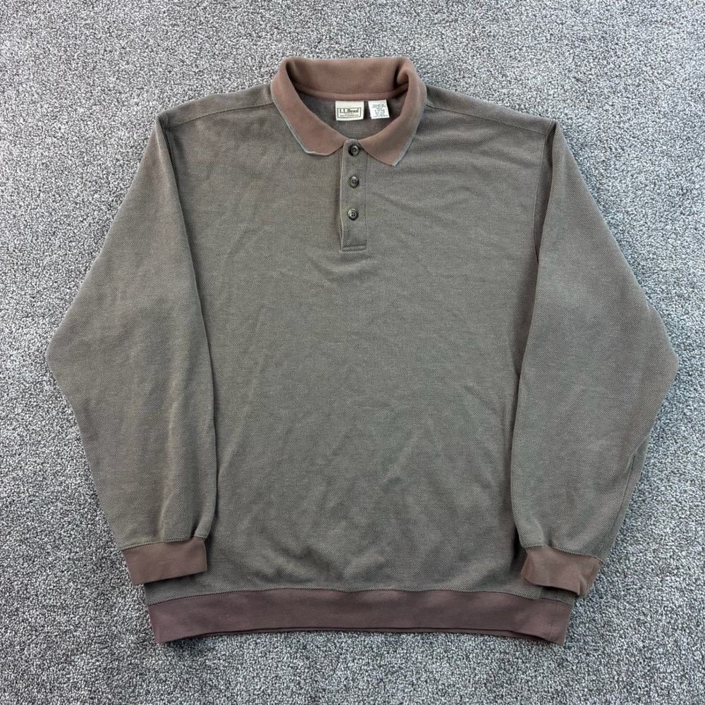 L.L. Bean Long Sleeve Polo Shirt Mens Large Tall Brown Cotton Pique Rugby